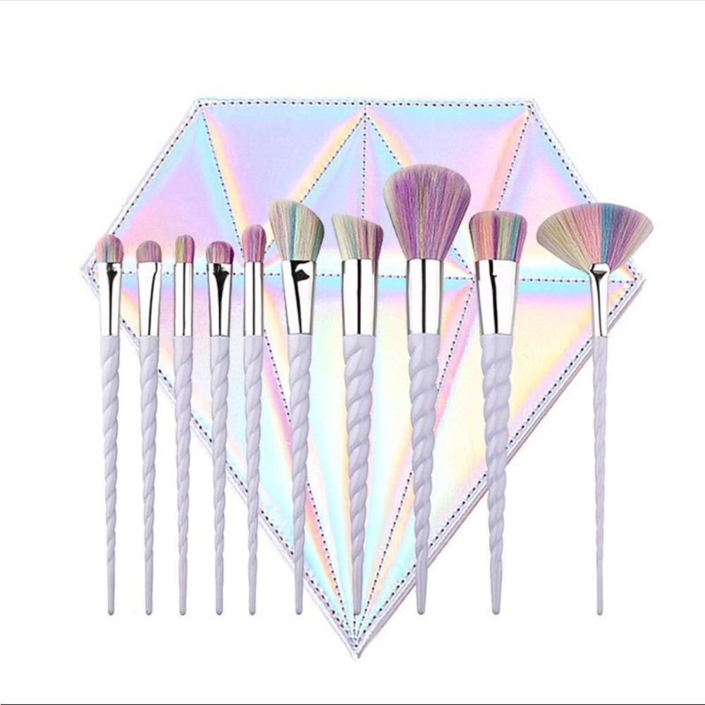 Rainbow Unicorn 10 Pc Makeup Brush Set Kit With Iridescent Diamond  Case